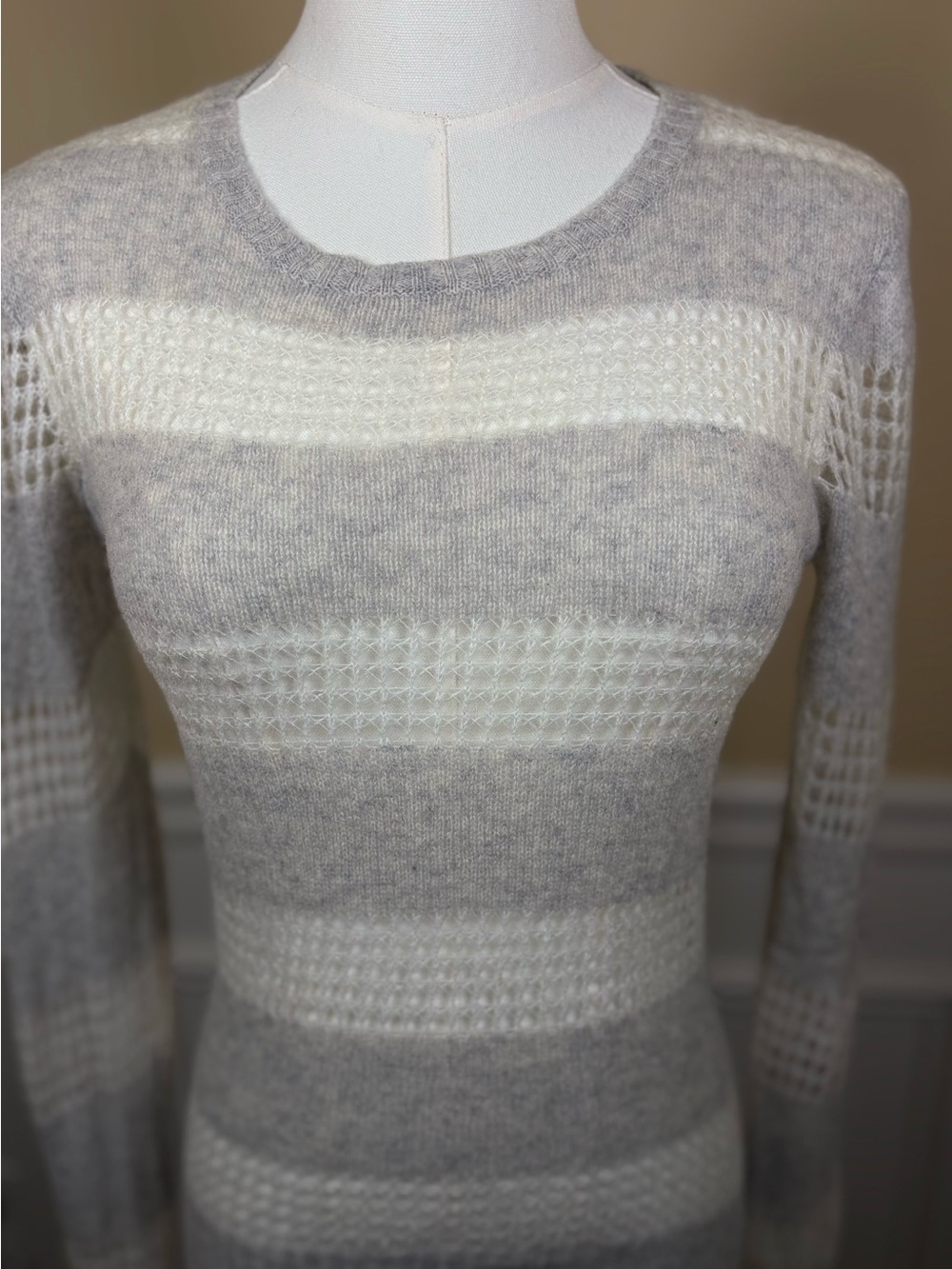 🤍 Minnie Rose Cashmere Mohair Open-Knit Stripe Sweater L
